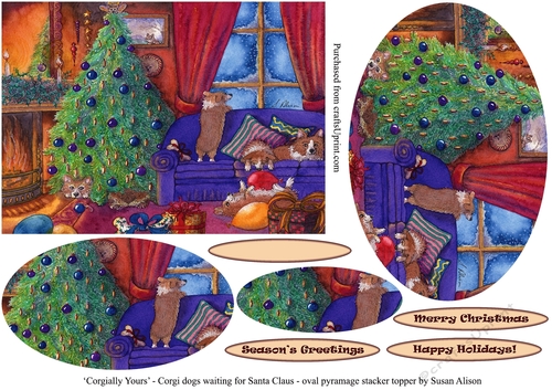 Welsh Corgi dogs waiting for Santa Clause oval pyramage stacker topper