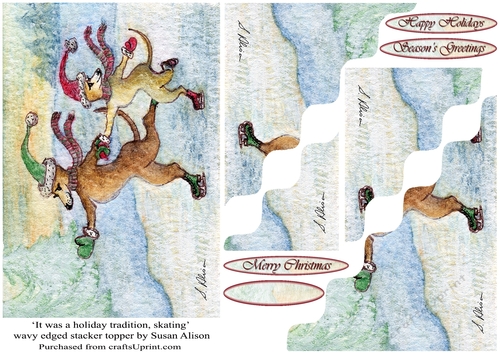 Greyhound dogs ice-skating on a frozen lake Christmas scene, wavy edged stacker topper