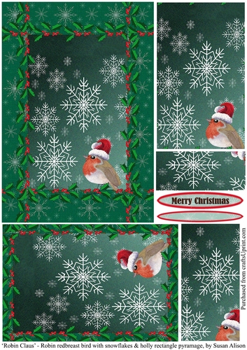 Robin redbreast bird against a snowflake and holly background, rectangle pyramage topper