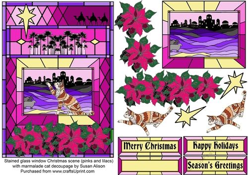 Marmalade cat in stained glass window Christmas scene (pinks & lilacs) with decoupage topper