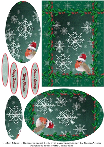 Robin redbreast bird against a snowflake and holly background, oval pyramage topper