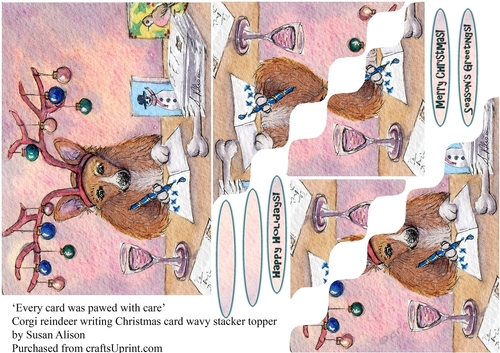 Corgi dog with reindeer antlers writing Christmas cards, wavy edged stacker topper.
