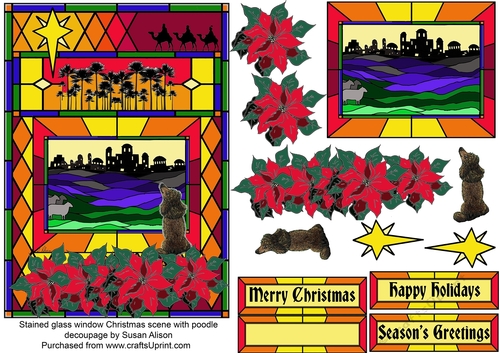 Poodle in stained glass window Christmas scene with decoupage