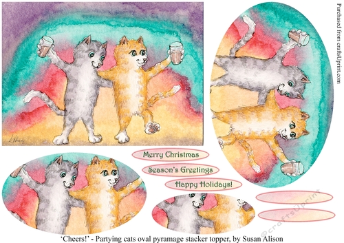 Cheers! - Cats partying and raising a glass in celebration, oval pyramage stacker topper