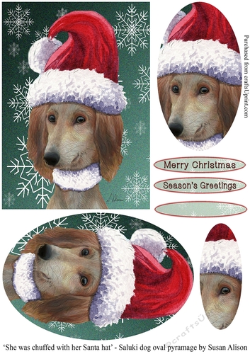 Saluki dog wearing a Santa hat, on a festive green background with snowflake design, oval pyramage topper