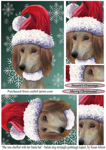 Saluki dog wearing a Santa hat, on a festive green background with snowflake design, rectangle pyramage topper