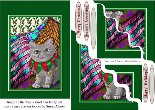 Short haired silver cat with mouse, friends wearing jingle bell collars for Christmas, wavy edged stacker Christmas card.