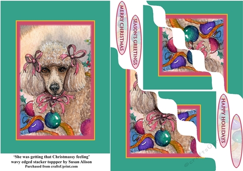 Poodle dog with pink ribbons & baubles Christmas card, wavy edged stacker topper