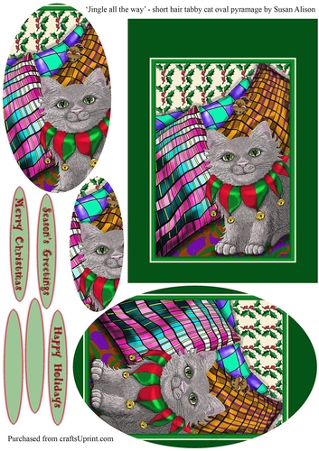 Short haired silver cat with mouse, friends wearing jingle bell collars for Christmas, oval pyramage Christmas card.