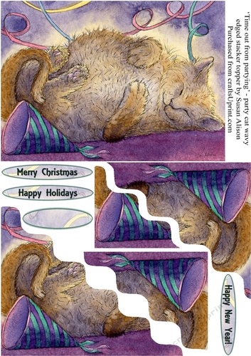 Festive tabby cat having a cat-nap at a party, wavy edged stacker topper celebration card.