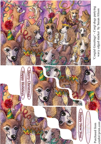 Corgial Greetings - Corgi dogs party Christmas celebration card wavy edged stacker topper