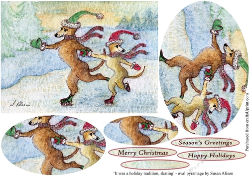 Greyhound dogs ice-skating on a frozen lake Christmas scene, oval pyramage