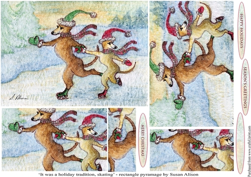 Greyhound dogs ice-skating on a frozen lake Christmas scene, rectangle pyramage