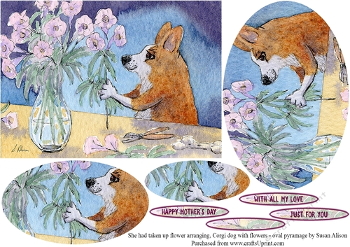 Shed taken up flower arranging - Corgi dog arranging flowers, oval pyramage