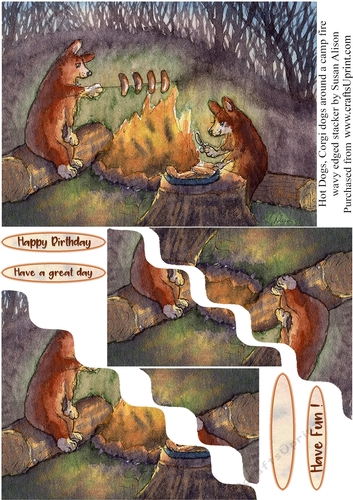 Hot Dogs, Corgi dogs sitting by a camp fire - wavy edged stacker