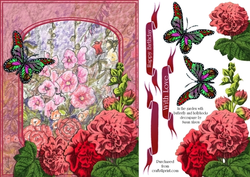 In the garden - with butterfly and hollyhocks decoupage.