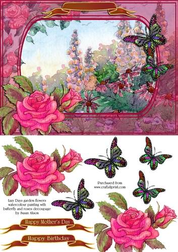  Lazy Days - garden flowers watercolour painting with butterfly and roses decoupage