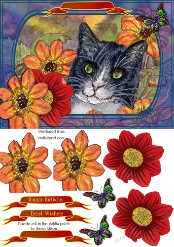 Tuxedo cat in the dahlia patch greeting card, with butterfly and dahlia decoupage