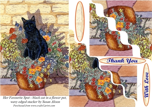  It was her favourite spot - black cat sitting in a flower pot wavy edged stacker topper