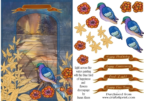 Light across the water painting, with the blue bird of paradise and flowers decoupage