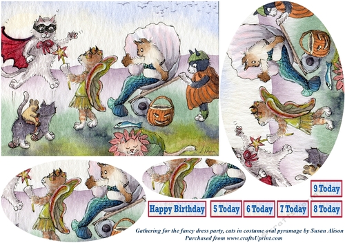 Gathering for the costume party, cats in fancy dress birthday ages greeting card