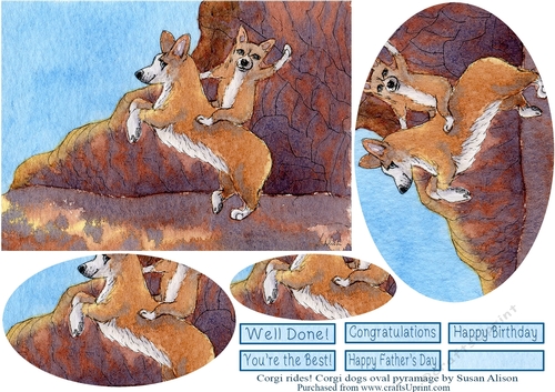 Corgi Rides! Corgi dogs on the beach, oval pyramid