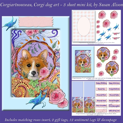 Corgiartnouveau, 7 x 5 Corgi dog art - 3 sheet mini kit