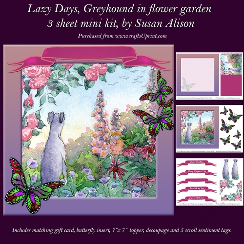Lazy Days 7 x 7 greyhound dog in flower garden, with butterflies & flowers decoupage mini kit