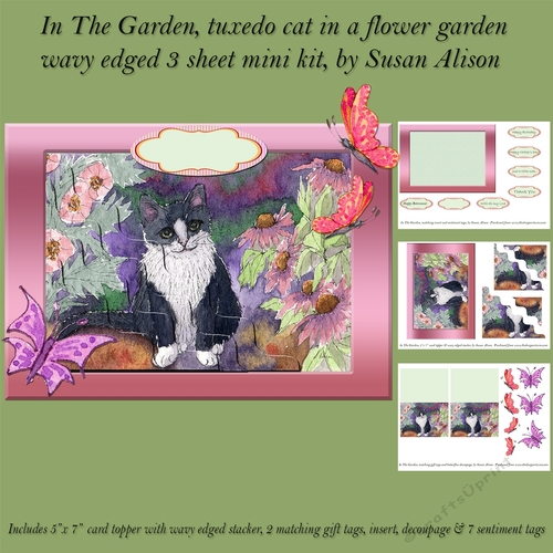 In the garden, tuxedo cat in a flower garden, 5 x 7 wavy edged 3 sheet mini kit