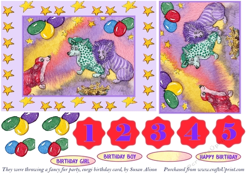They were throwing a fancy fur party, corgi dogs birthday card with decoupage