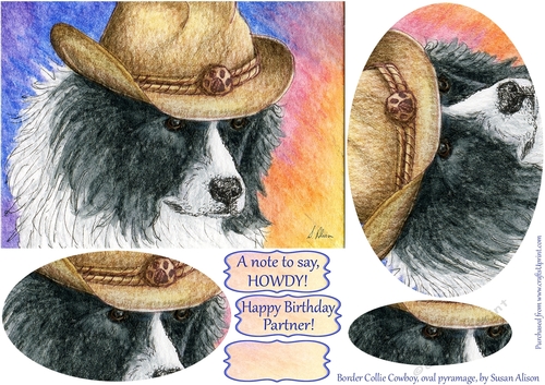 Cowboy on lookout duty - border collie dog cowboy, oval pyramage