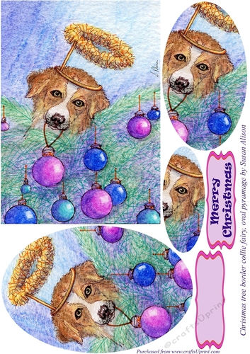 Christmas tree border collie fairy, oval pyramage