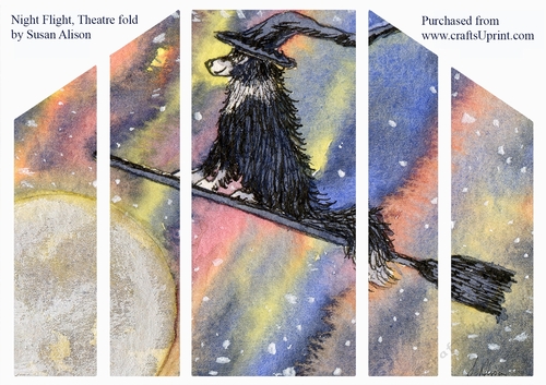Night-Flight, border collie dog on a broomstick theatre fold Halloween card