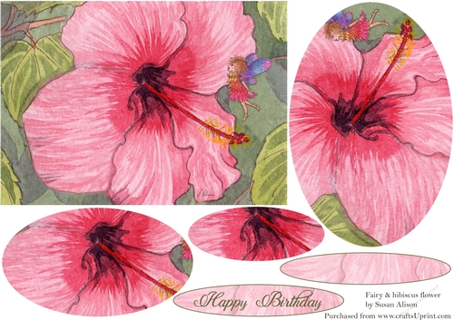 fairy birthday card, hibiscus flower & fairy,