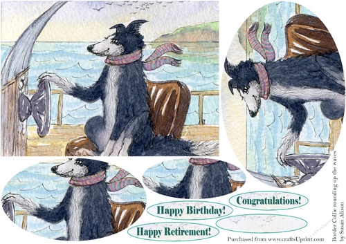 Border Collie dog rounding up waves at sea, oval pyramage