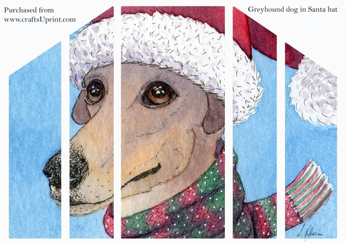 Greyhound dog in Santa hat, theatre fold Christmas card