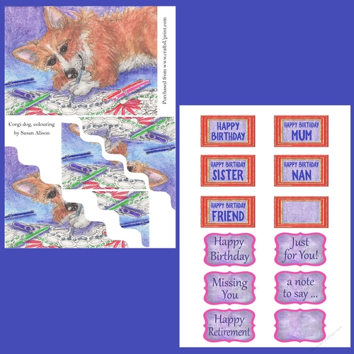 Corgi dog, colouring fun and sentiment tags