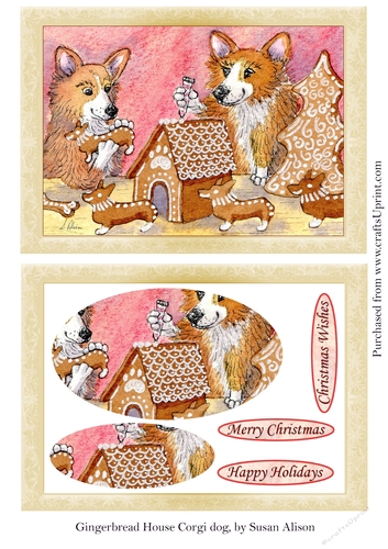Corgi Dogs Making a Gingerbread House, Christmas Card