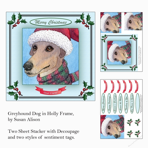  Greyhound Dog in Holly Frame, Stacker with Decoupage
