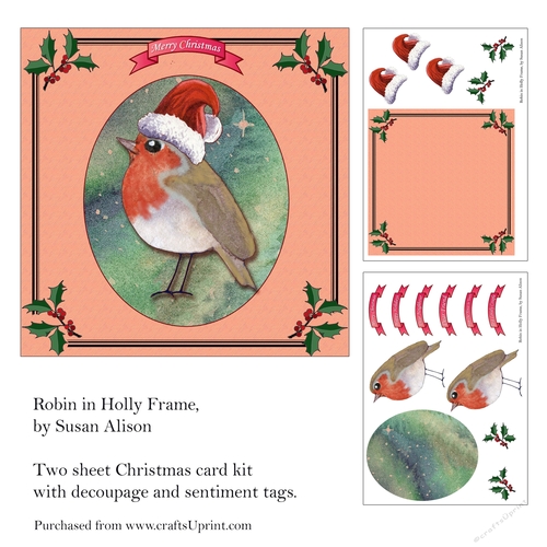 Robin in Holly Frame Christmas kit with decoupage