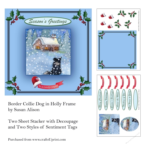  Border Collie Dog in Holly Frame, Stacker with Decoupage