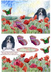 Puppy Watching Butterflies on Poppies Decoupage Topper