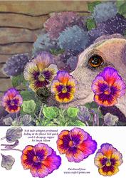 Dog Hiding in the Flower Bed 8x8 Quick Card Decoupage Topper