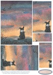 Dog Watching Evening Flight of Birds in the Sunset Pyramage