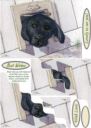 Black Lab Pup with Head Out of Cat Flap Wavy Corner Stacker