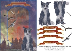 Flying Home - watercolour painting greeting card, with border collie dogs and birds decoupage