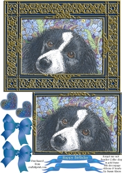Forget me not, border collie dog in gold frame, with decoupage ribbons and hearts