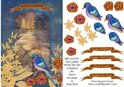 Light across the water painting, with the blue bird of paradise and flowers decoupage