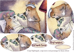 Corgi dog nurse and patient, oval pyramage