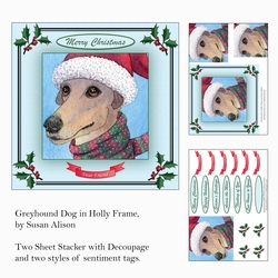 Greyhound Dog in Holly Frame, Stacker with Decoupage